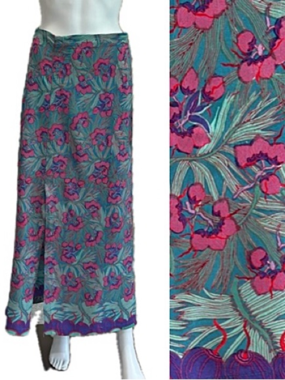 Rainbow Jo Maui Hawaiian Floral Maxi Skirt Size Small Front Slit Rayon A-Line